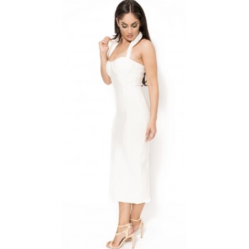 Vamp' white midi bandage dress with high collar